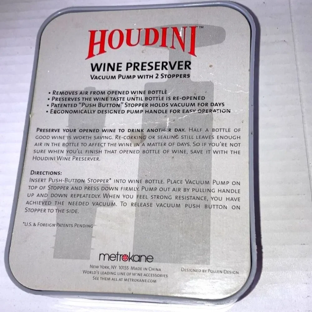 Wine Stoppers HOUDINI Wine Preserver Vacuum Pump with 2 Stoppers NEW Open Box
